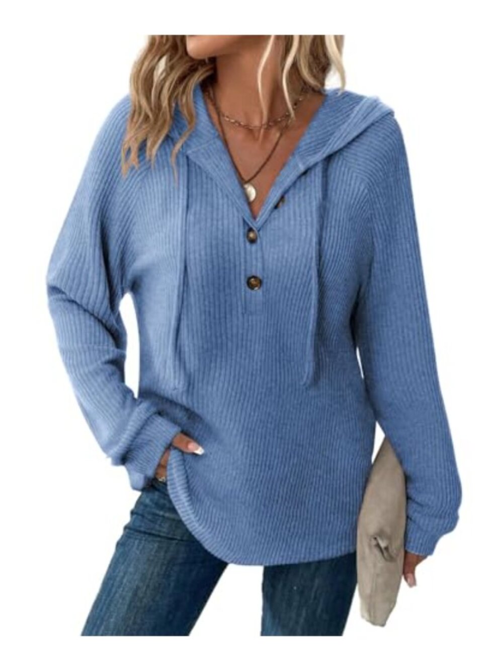 Womens Long Sleeve Fuzzy Rib Knit Hoodie Tunic Top Drawstring Loose Fit
